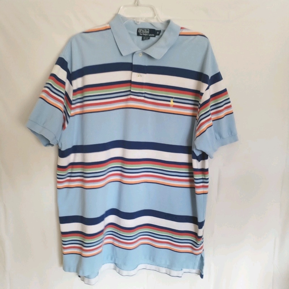 Polo Ralph Lauren Pique Polo Shirt XL Blue Horizontal Rugby Deck Stripe Y2K - Picture 1 of 8